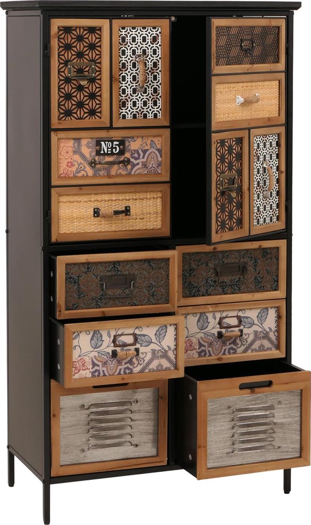 Apothekerkommode MCW-O80, Schrank Highboard Schubladen, Vintage Shabby-Look 136x73x35cm, natur/bunt Metalloptik