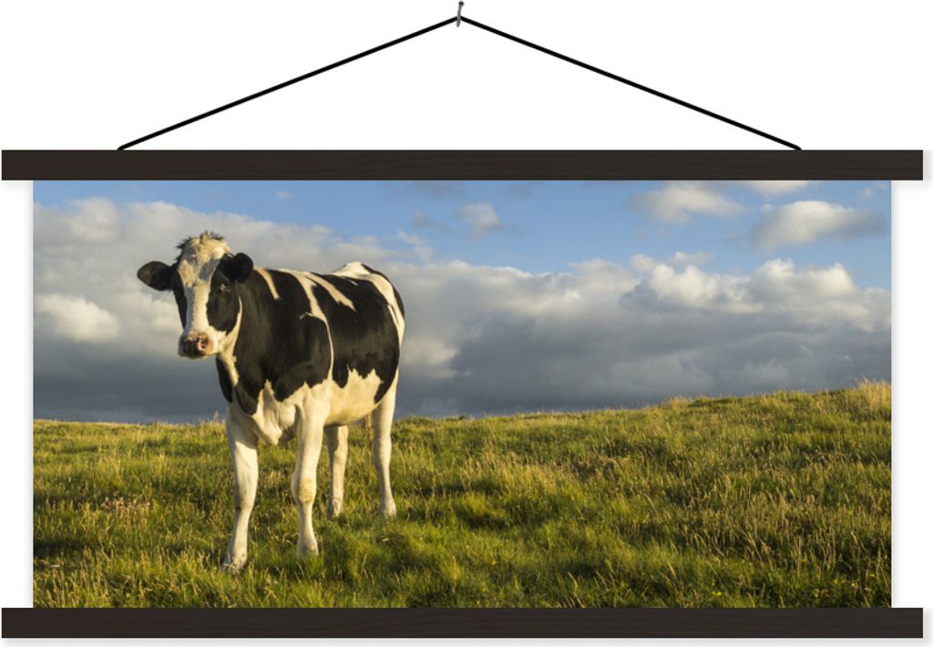 MuchoWow Textilposter Kuh - Schwarz - Weiß - Gras 150x75 cm mit schwarzem Rahmen - Posterleiste