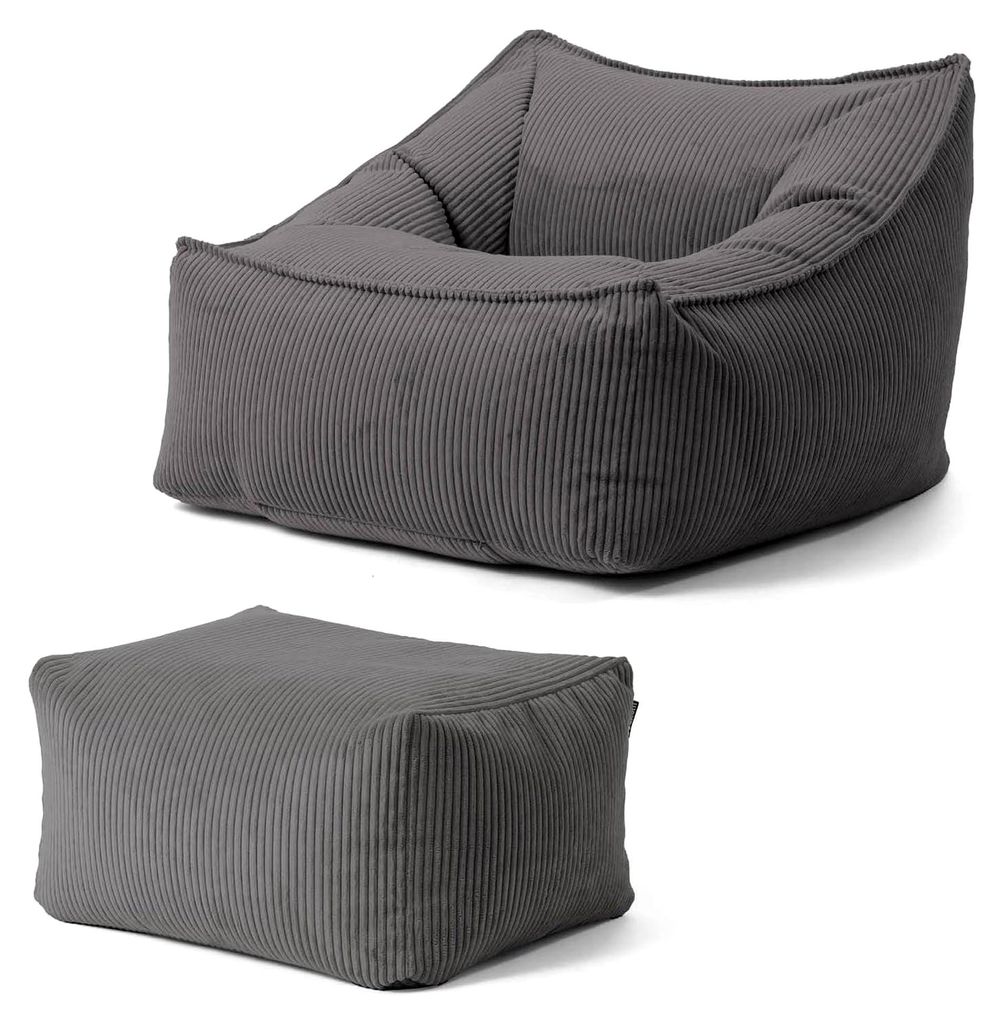 Sitzsack Sessel mit Hocker aus Cord 'Der Lümmel', XXL Sitzsack in 83x73x60 (BxHxT in cm) in Anthrazit