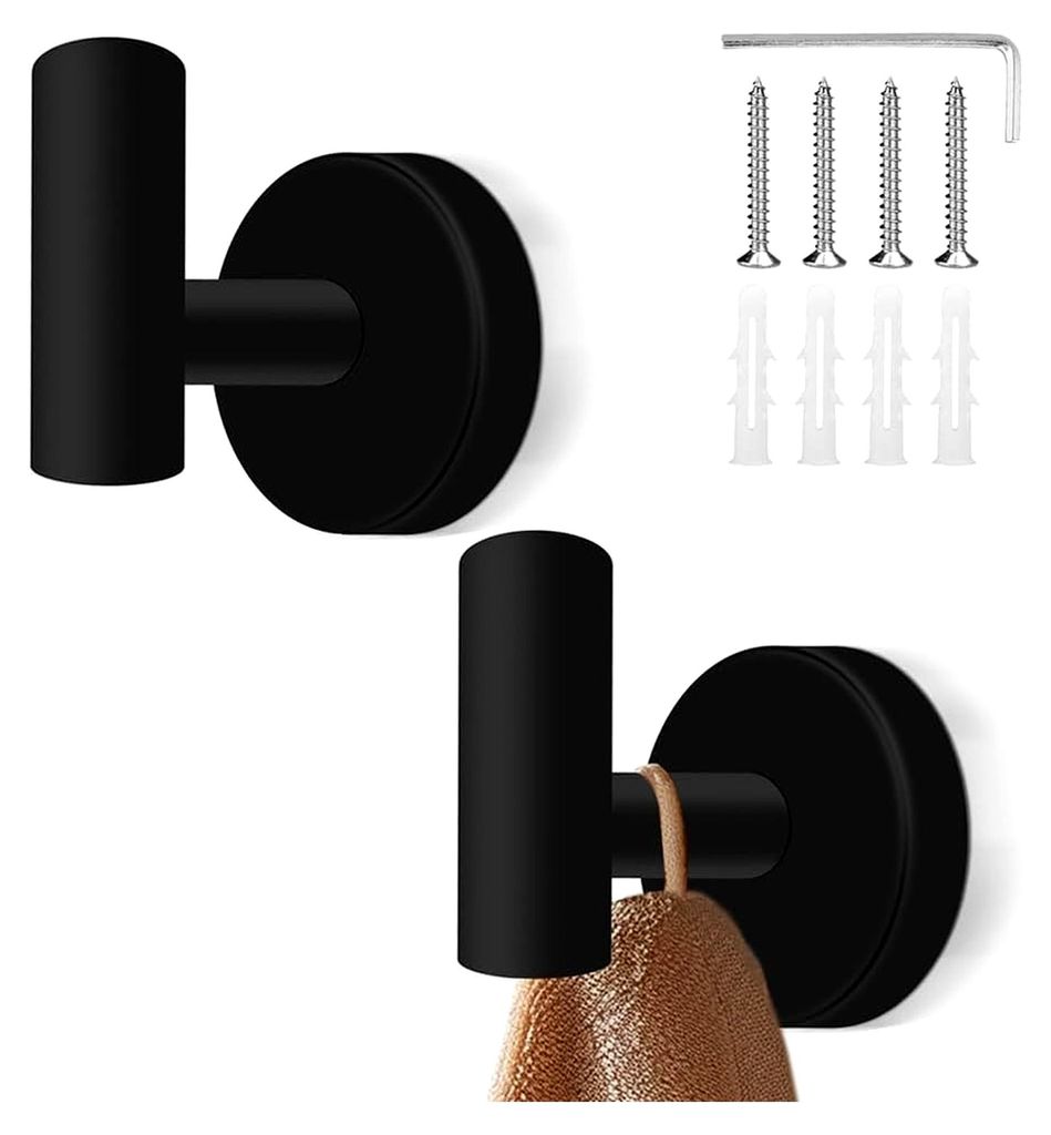 2 Stück Handtuchhaken zum Bohren, Edelstahl Garderobenhaken, rostfreie Wandhaken - Tragkraft bis zu 10 kg, ideal für Bad, Küche, Büro (Schwarz)