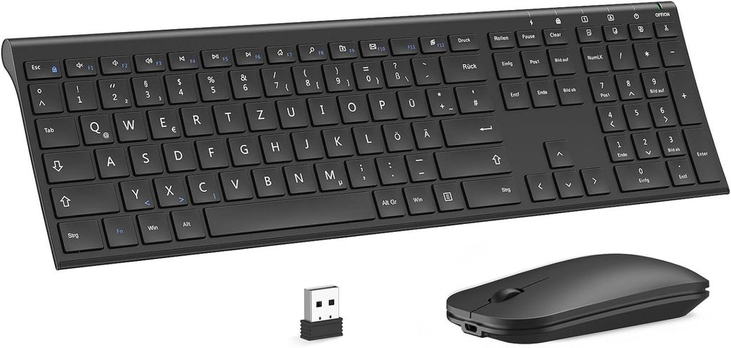 Kabelloses Tastatur-Maus-Set 2.4G, ultraflache Aufladbare Wireless Tastatur aus Aluminium, Deutsch QWERTZ, NumPad & Multimedia, für Windows, PC,La...