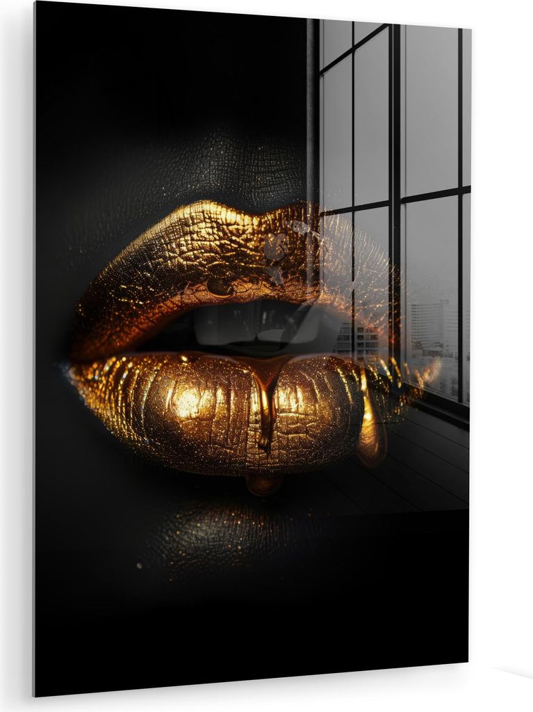 MuchoWow Glasbilder - Bilder auf Wandbild - Foto auf Glas Lippen - Gold - Abstrakt - Schwarz - Ästhetisch 30x40 cm Wanddekoration aus Glas - Acryl...