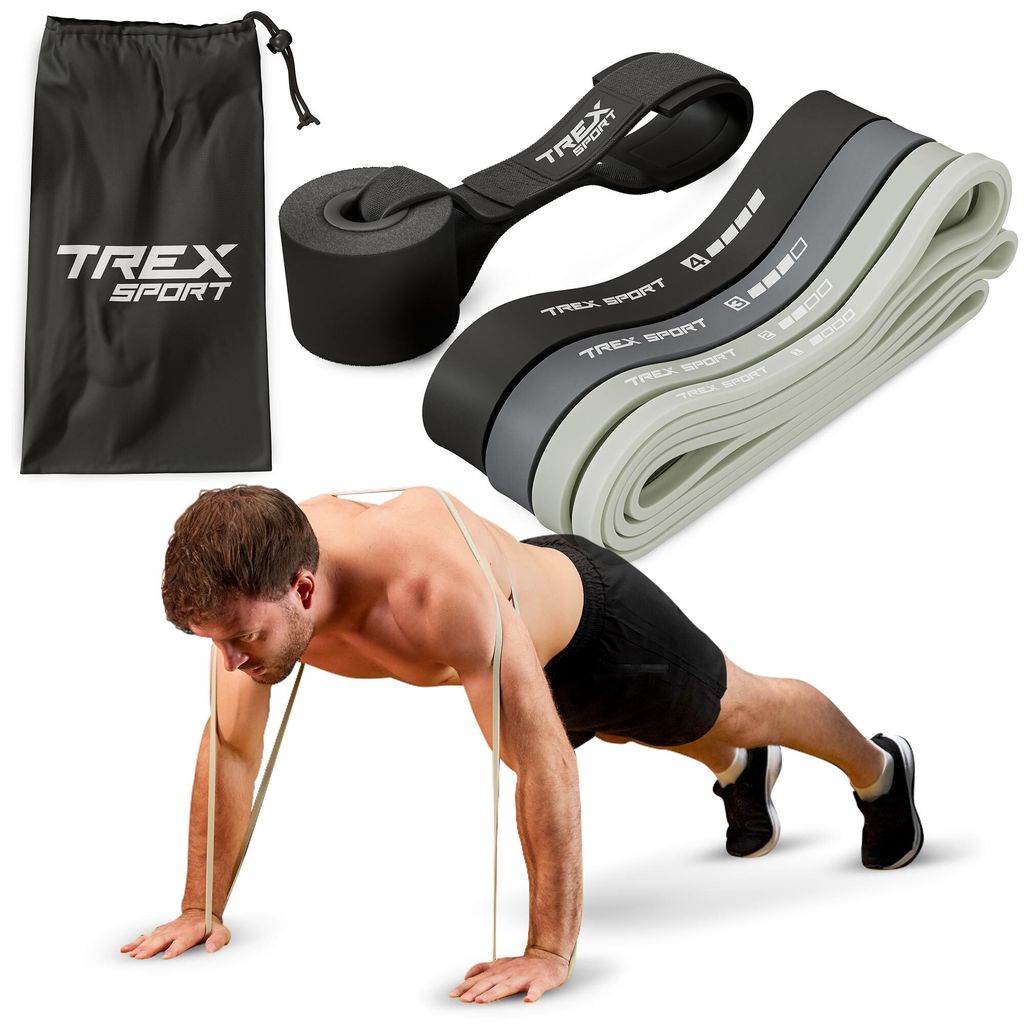 TREX SPORT Gymnastikband 4 Stück Set TX-004PB Widerstandsband | Klimmzugband, Fitnessband 100% Latex, 2-41 kg, mit Türanker | Resistance Band Grau