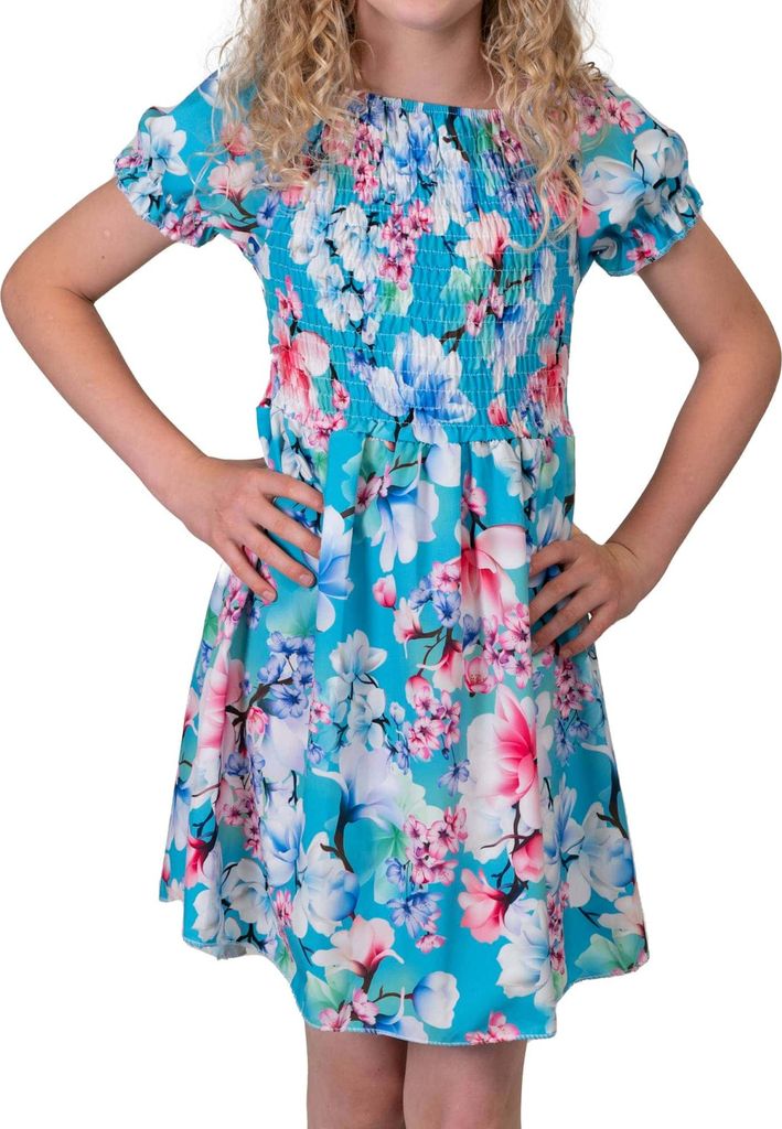 KMISSO Mädchen Kleid smoked Oberteil Puffärmel Türkis 104