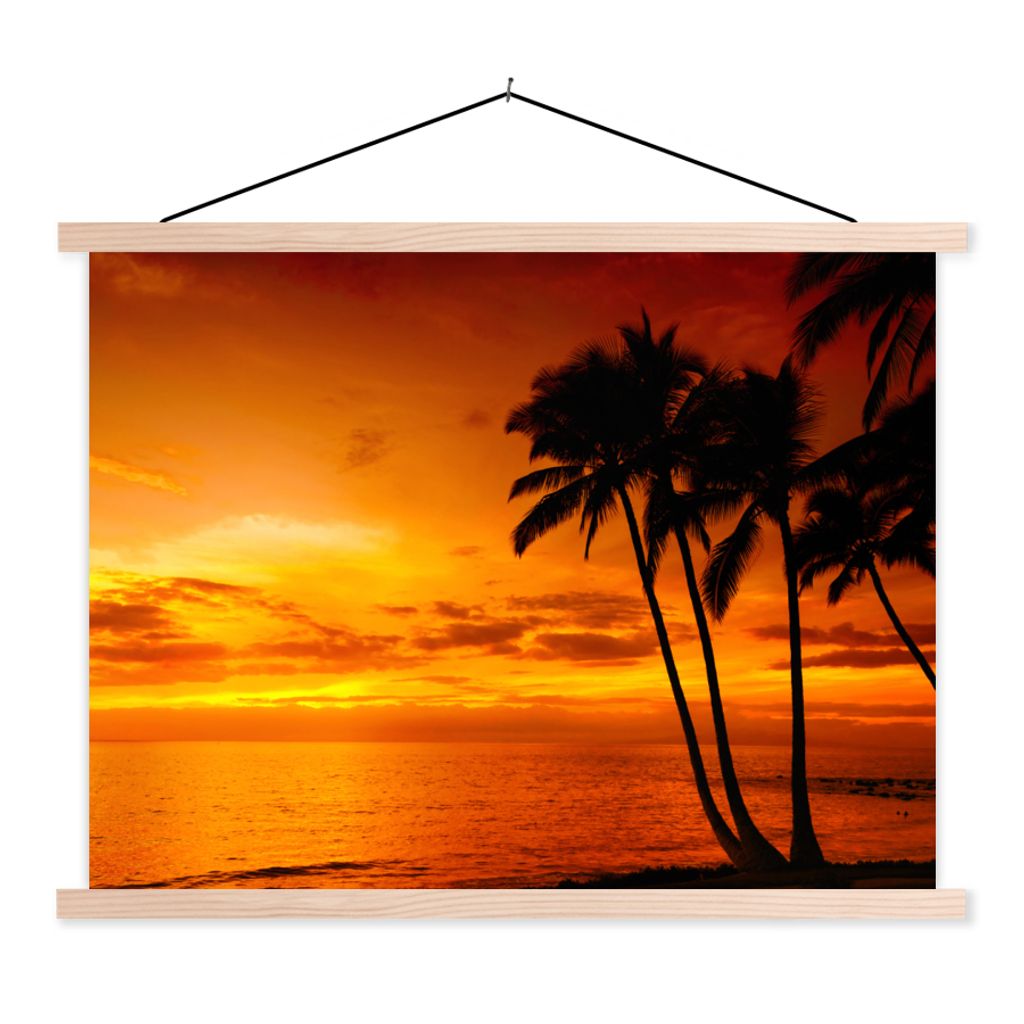 MuchoWow Textilposter Palme - Sonnenuntergang - Tropisch - Orange - Meer 60x45 cm mit holzfarbenen Rahmen - Bild