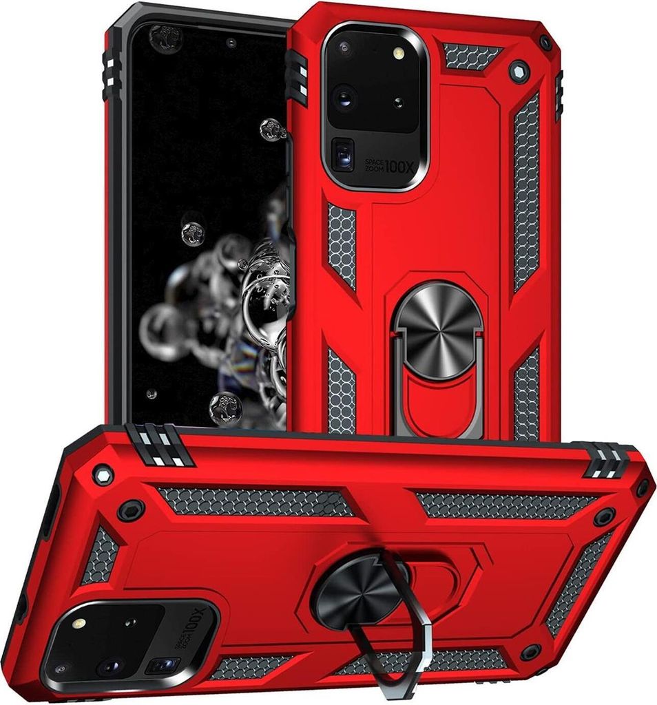 Conie Outdoor Schutzhülle für Samsung Galaxy S20 Ultra Tasche Silikon Hard Case Cover Hülle mit Halter Ständer in Rot