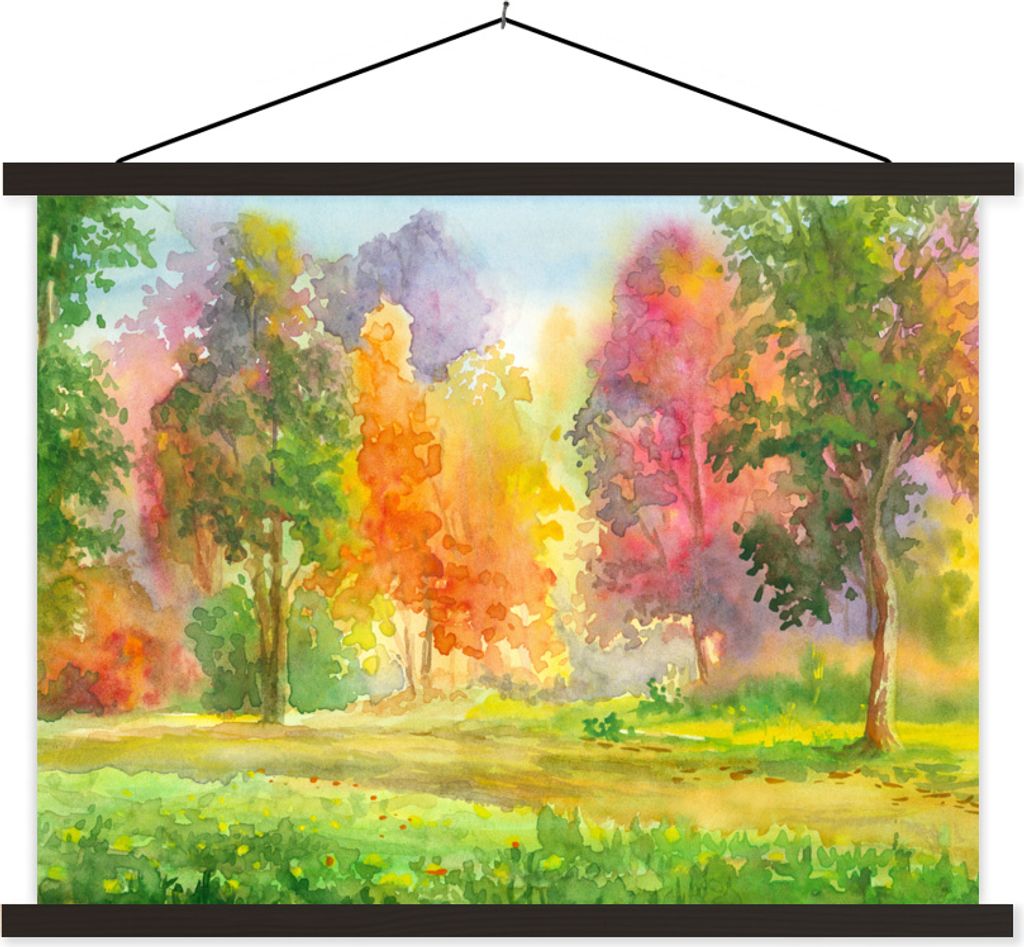 MuchoWow Textilposter Eine bunte Illustration von Bäumen 150x113 cm mit schwarzem Rahmen - Wohnzimmer