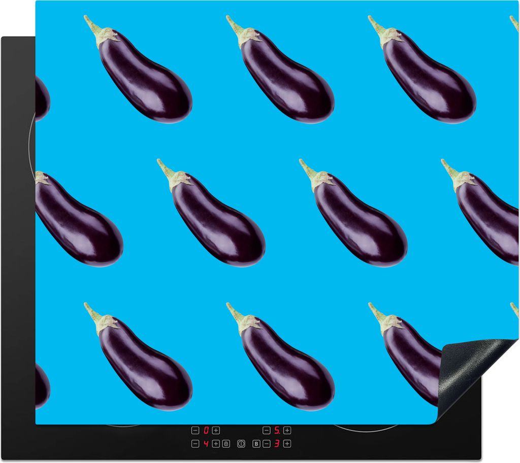 KitchenYeah Herdabdeckplatte Gemüse - Aubergine - Muster - Blau , 57x51cm, Küche Deko, Glaskeramikfeld Herdabdeckung, Abdeckplatte fùr Kochfeld
