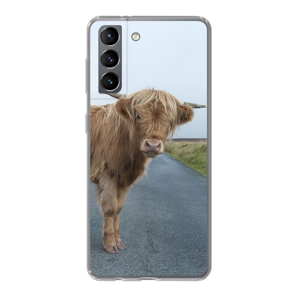 MuchoWow Handyhülle Schutzhülle Hülle für Samsung Galaxy S21 Scottish Highlander - Straße - Gras Silikon Softcase Handy Hülle - Softcase