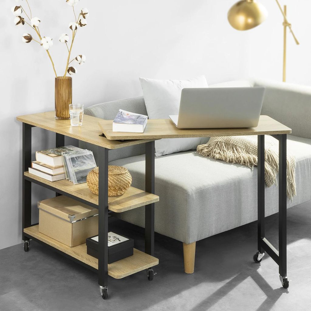 L-förmiger Beistelltisch/Konsolentisch - Sofatisch mit Rollen - 2 Ablagen - Metallgestell - Industrielles Design - Dunkelkhaki