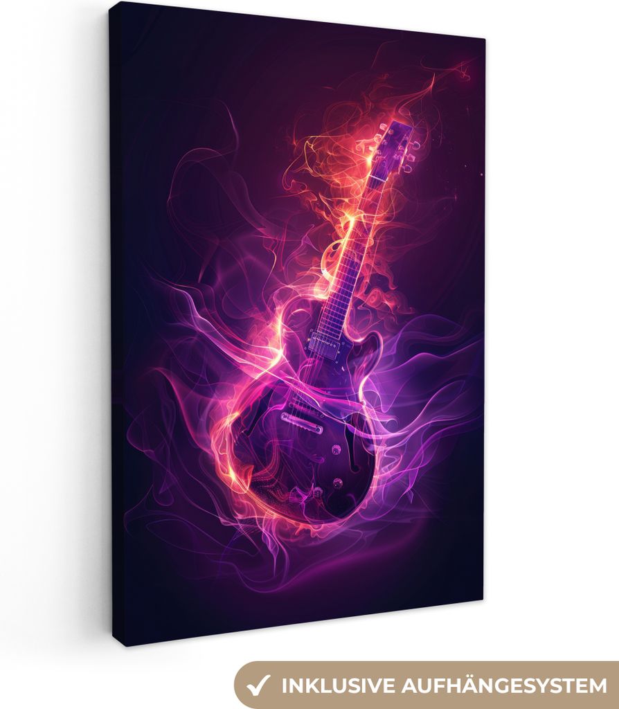MuchoWow - Leinwandbilder - Gitarre - Musik - Rauch - Lila, Wandbild, Wanddeko Bilder Wohnzimmer, 80x120 cm