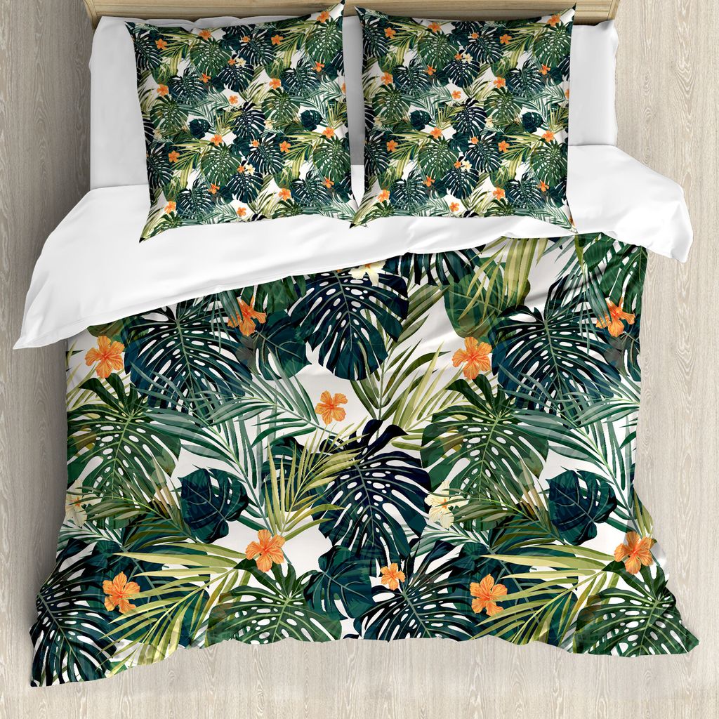 ABAKUHAUS Hawaii Bettbezug, Bunte Polynesien Pflanze, Milbensicher Allergiker geeignet mit Kissenbezügen, 200 cm x 200 cm - 80 x 80 cm, Jade-Grün...