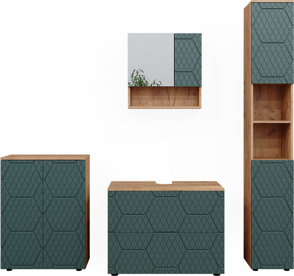 Badmöbel-Set Vicco Irma Grün/Goldkraft Eiche 4 Teile, mit Schubladenschrank und Midischrank, Model 47196