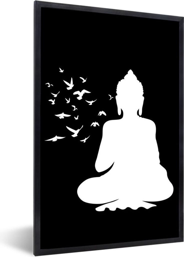 MuchoWow MuchoWow Gerahmtes Poster Buddha - Vögel - Meditation 20x30 cm - Poster mit zchwarzem Bilderrahmen - Drucken - Bilder Poster im Rahmen