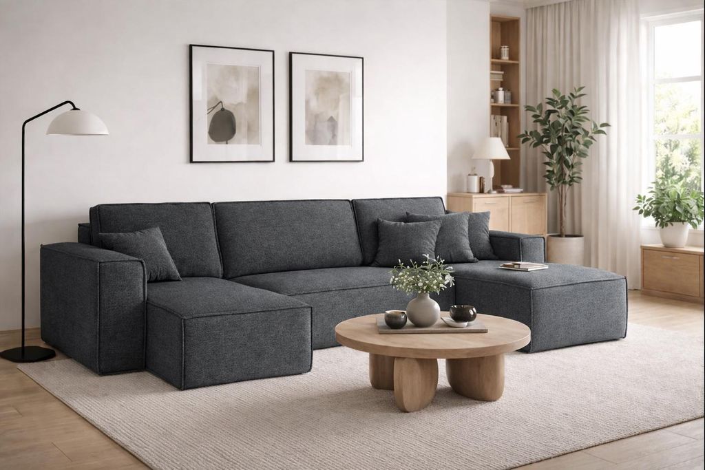 Kaiser Möbel Ecksofa mit schlaffunktion und bettkasten, Sofa U-form,Couch U-form BEST stoff Neve Dunkelgrau