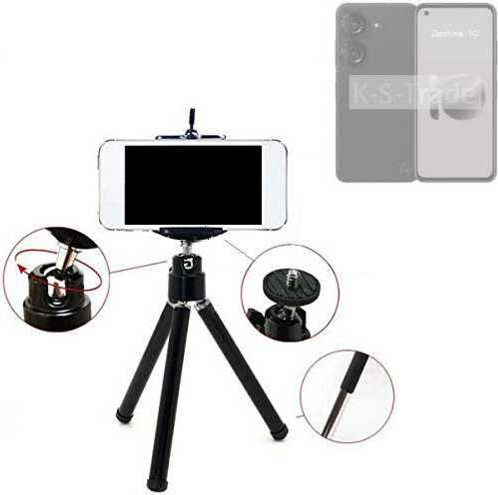 K-S-Trade Smartphone Stativ Dreibein kompatibel mit Asus Zenfone 10 Tripod aus Aluminium Klemmstativ Stativ Adapter für Mobiltelefone schwarz 1x