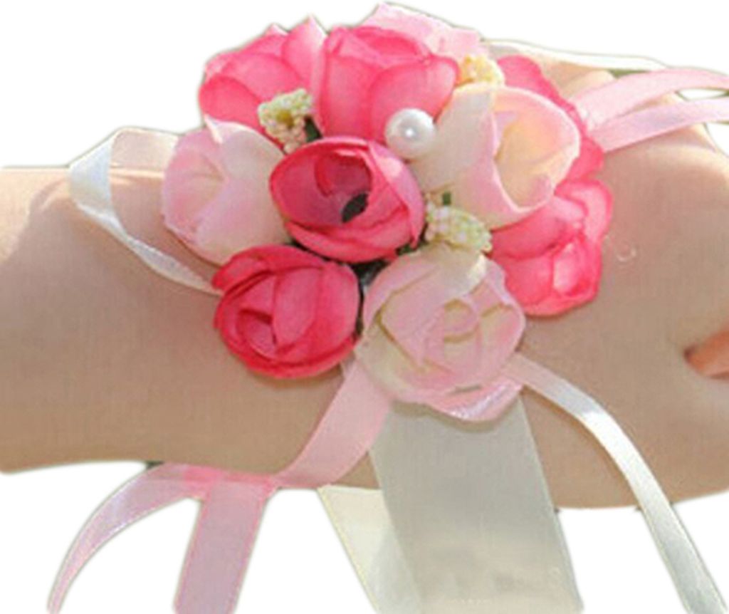 Handgelenkblume Lebendes Muster gefälschter Perlenbandtuch hübsches Brautblumenarmband für Hochzeit-Rosa