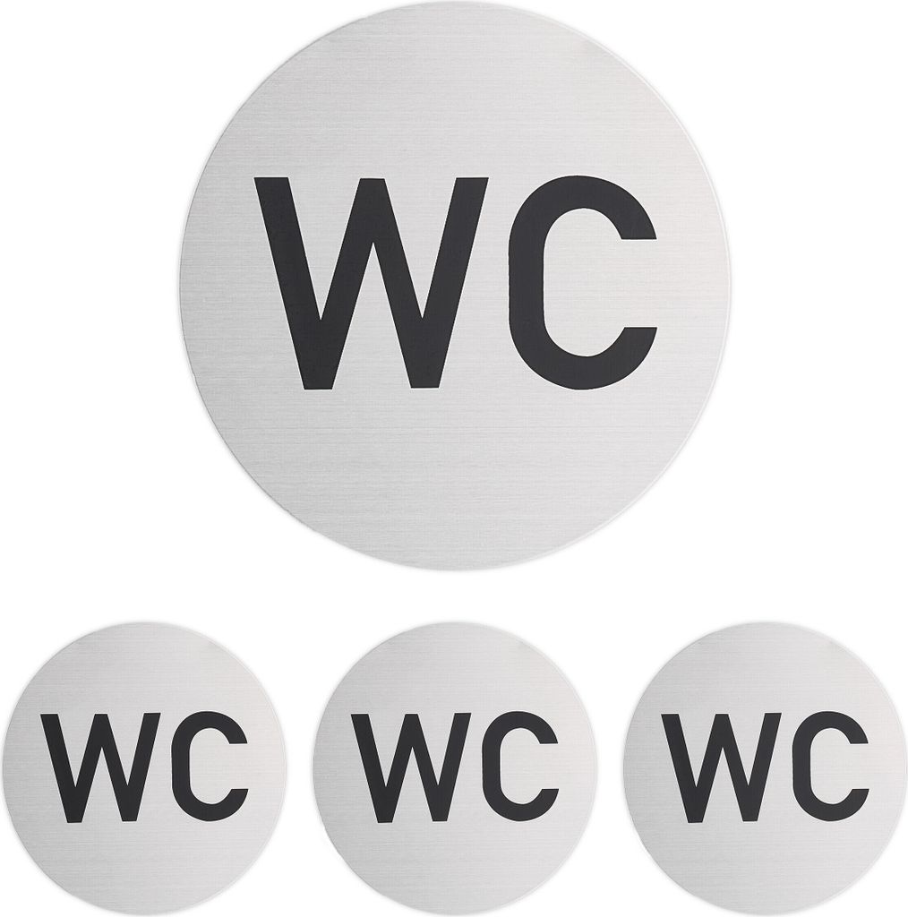WC-Schild - Set von 4 - rund - selbstklebend - Ø 10 cm - Badezimmer und Toilette - Aluminium-Schild - Silber