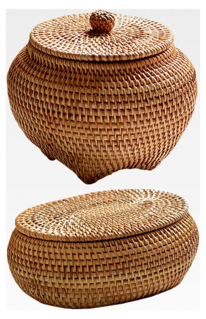 Rattankorb mit Deckel, 6,3 x 5,5 Zoll, handgewebter runder Korb, dekorative Box für Zuhause und Küche