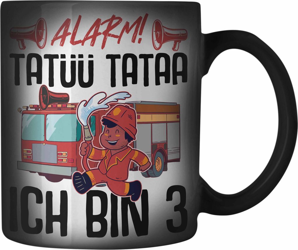 Trendation - 3. Geburtstag Geschenk Jungs Feuerwehr Farbwechsel Zauber-Tasse Geschenke Zubehör Lustig Kinder Geburtstag Spruch Ich Bin 3 (Schwarz)