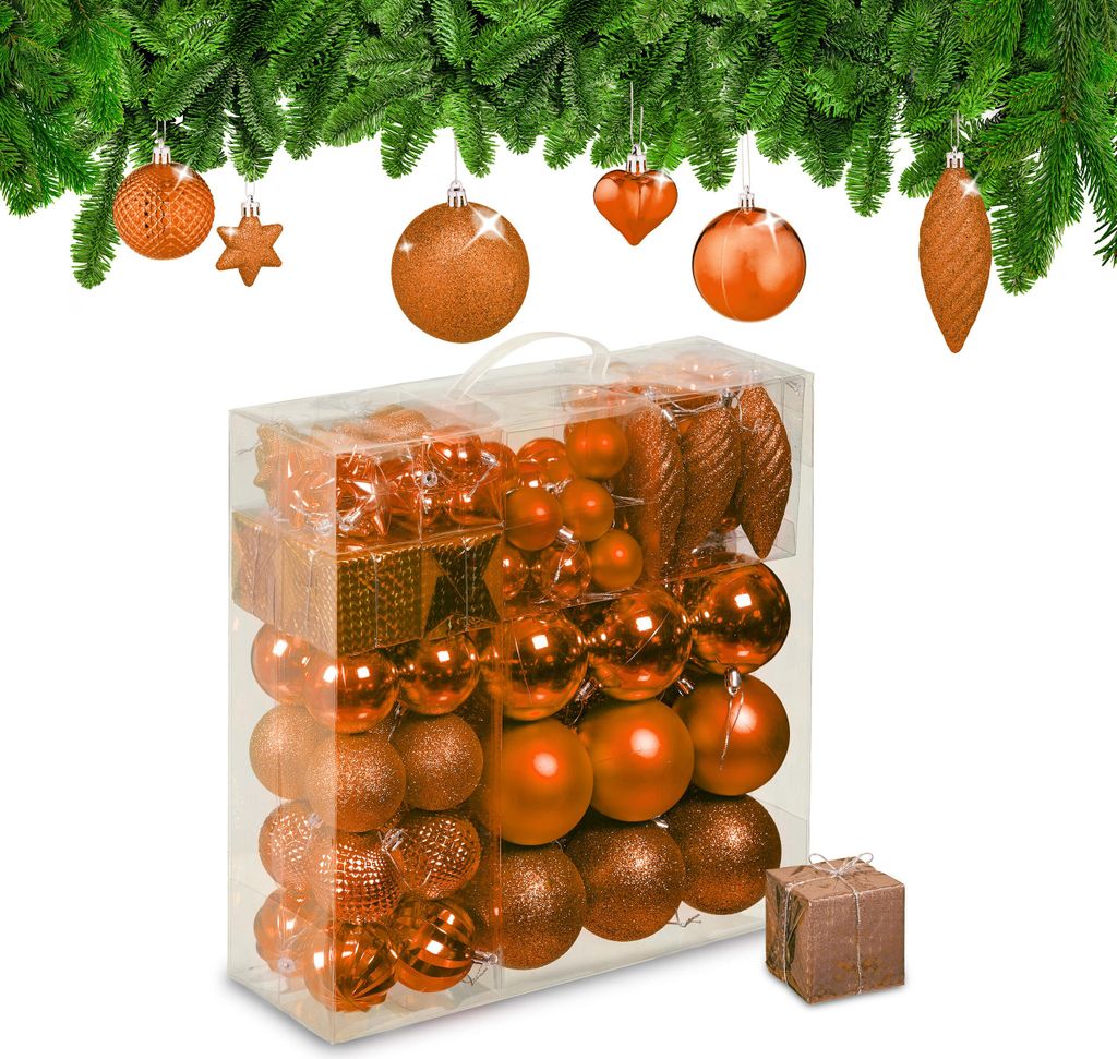 Relaxdays Weihnachtskugeln 110er Set, Kunststoff, Weihnachtsbaumdeko mit Kugeln & Lametta, Christbaumschmuck, orange