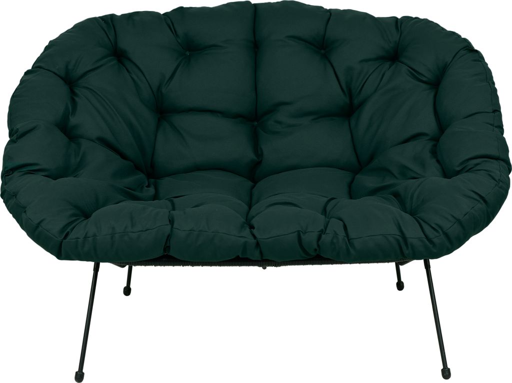 A dark green tufted cushion chair with black metal legs, presented on a white background.
