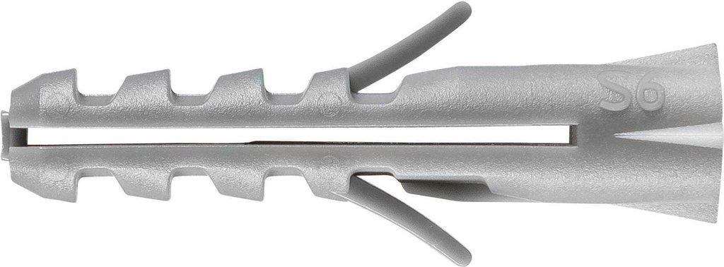 A close-up, side view of a single gray plastic wall anchor on a white background.