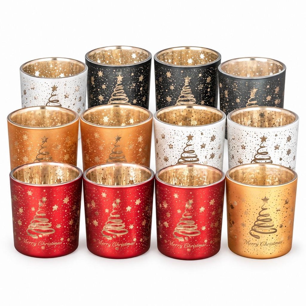 12er Set Teelichthalter Weihnachten Glas Windlicht Produktbild 