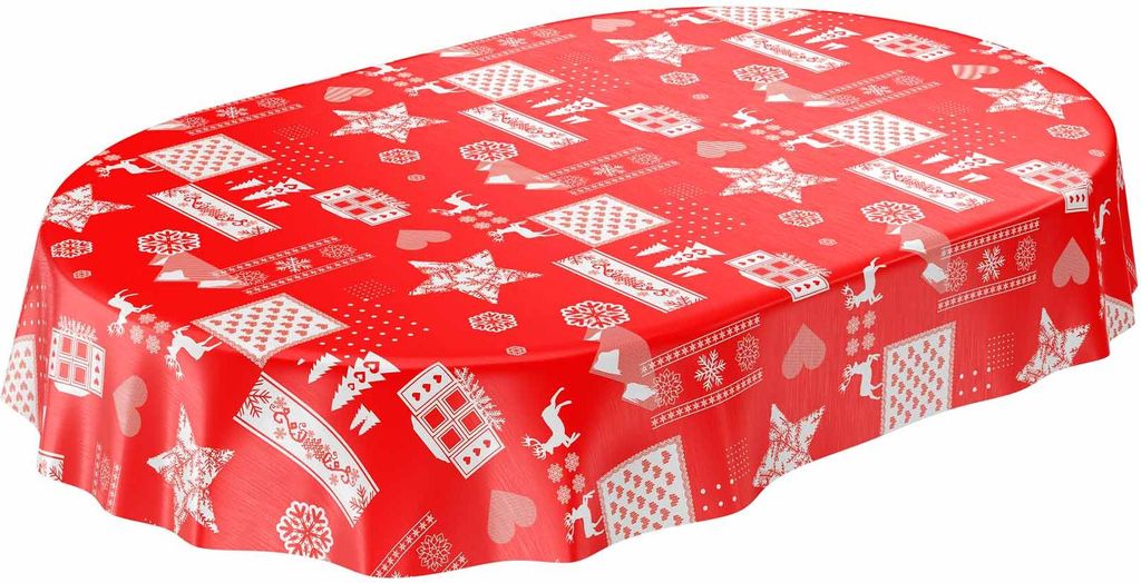 Tischdecke Wachstuch Weihnachten Rot Robust Wasserabweisend Oval Breite 140 cm Länge 240 cm