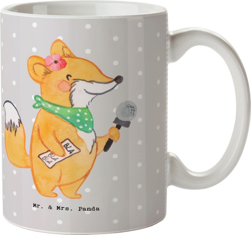 Mr. & Mrs. Panda Kaffeebecher Journalistin Herz - Grau Pastell - Geschenk, Mikrofon, Teebecher, Interview, Kaffeetasse, Studium, Pott, Becher, Tass...