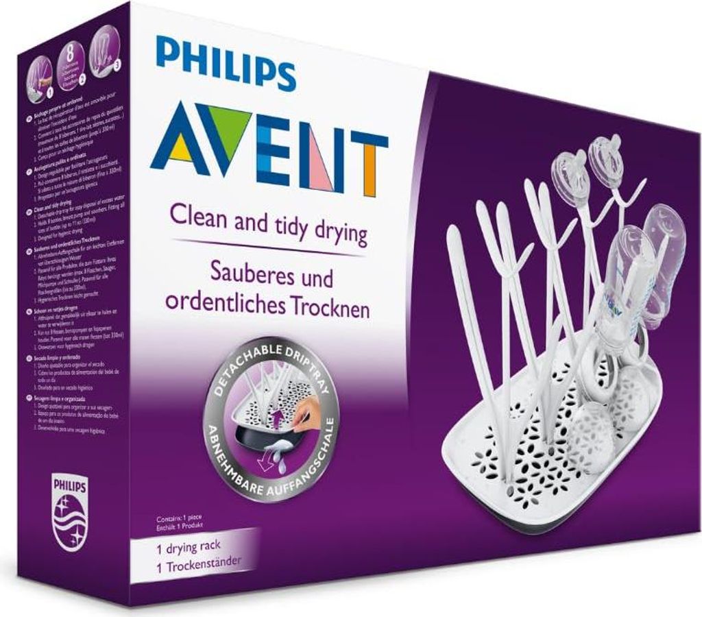 The image shows the retail packaging of a Philips AVENT bottle drying rack. The packaging is predominantly white and purple, with the product itself visible on the right side.
