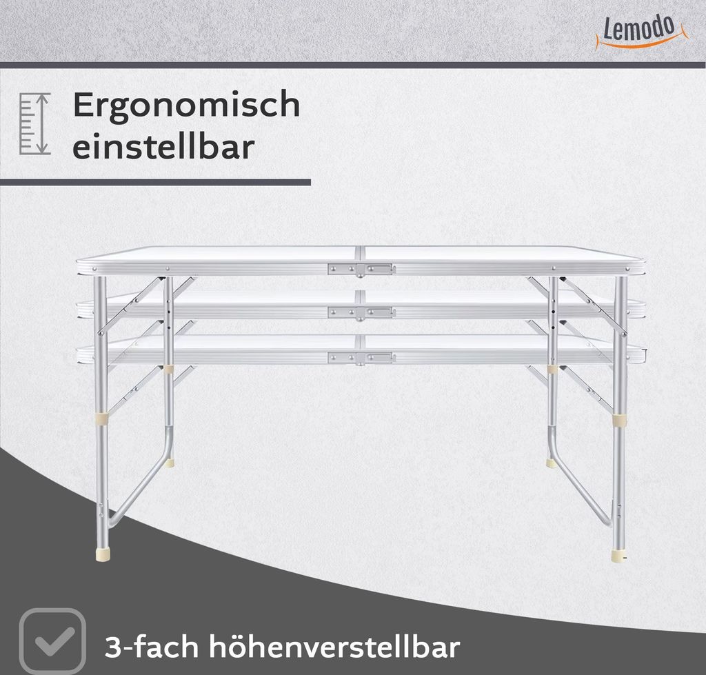 Höhenverstellbarer Klapptisch, weiß, Campingtisch 120 x 60 Produktbild 4