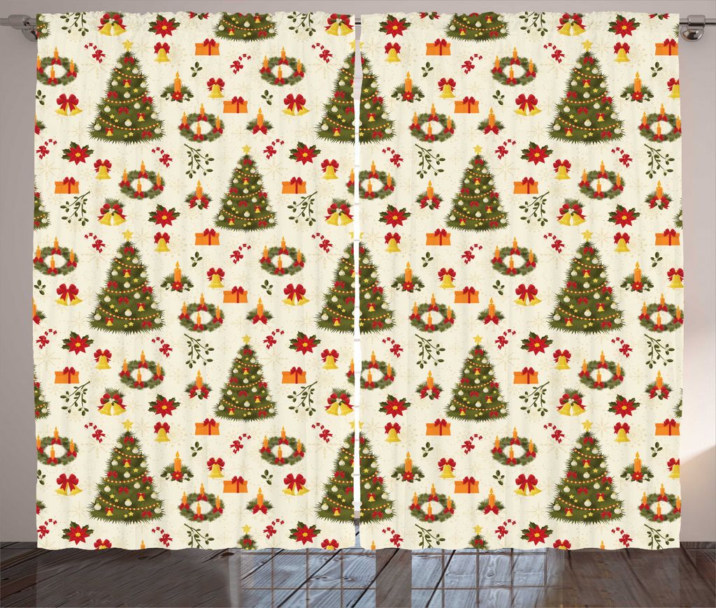 ABAKUHAUS Weihnachten Rustikaler Vorhang, Cartoon Bäume Glocken, Wohnzimmer Universalband Gardinen mit Schlaufen und Haken, 280 x 225 cm, Mehrfarbig