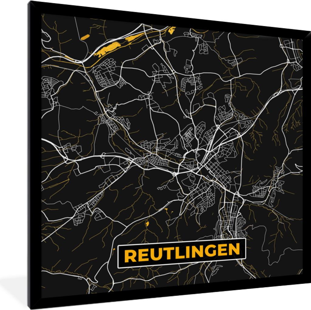 MuchoWow Gerahmtes Poster Reutlingen - Stadtplan - Gold - Karte - Deutschland 40x40 cm - Poster mit Schwarzem Bilderrahmen Wandposter Rahmen Foto...