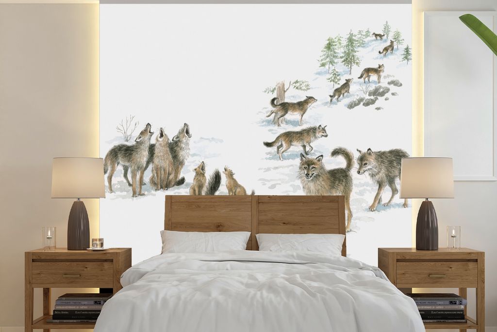 MuchoWow Fototapete für Wohnzimmer oder Schlafzimmer Wandtapete Vinyl Motivtapete Wölfe - Schnee - Winter - 280x280 cm - Hintergrundbild