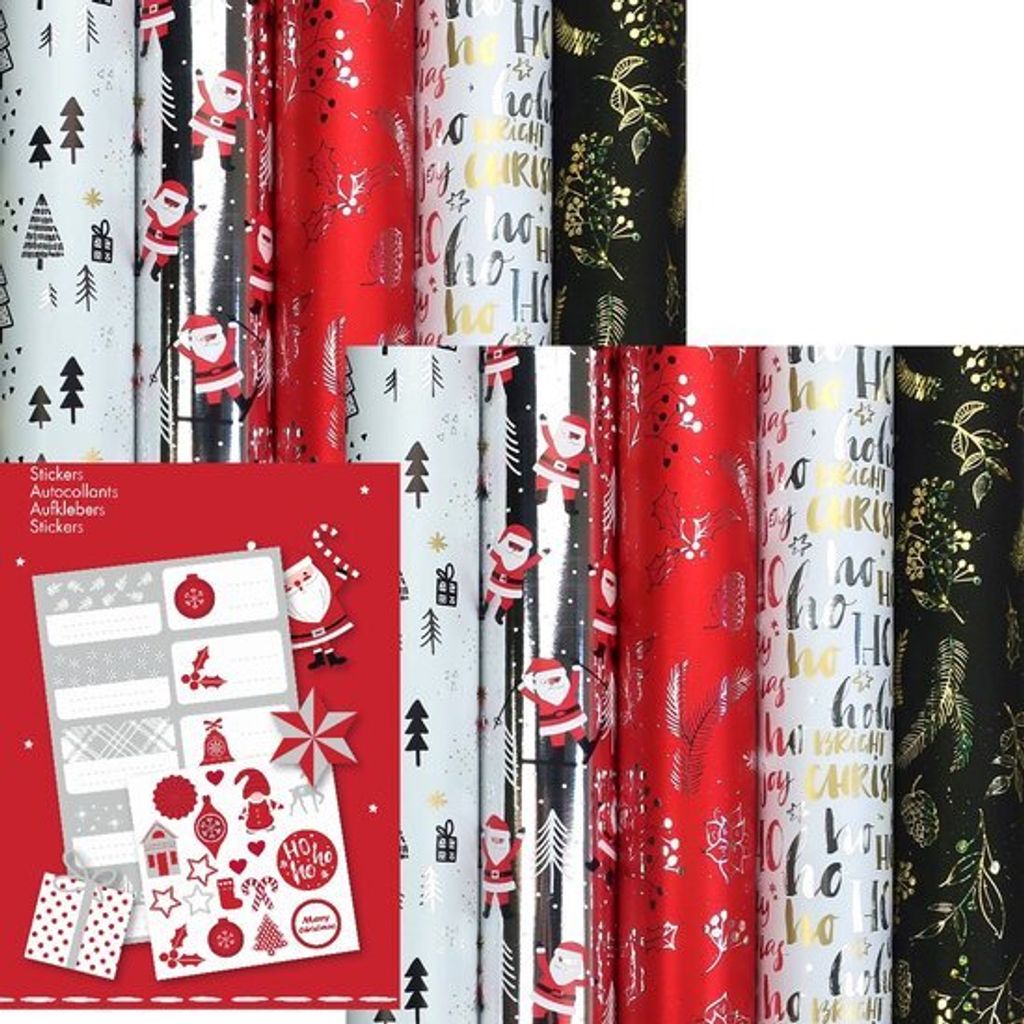 CHAMONIX – Metallic-Weihnachtspapier-Sortiment Geschenkpapier – 150 x 70 cm – 10 Rollen – inklusive Etiketten.
