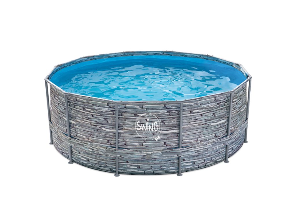 A round above-ground swimming pool with a stone-like pattern on the exterior.