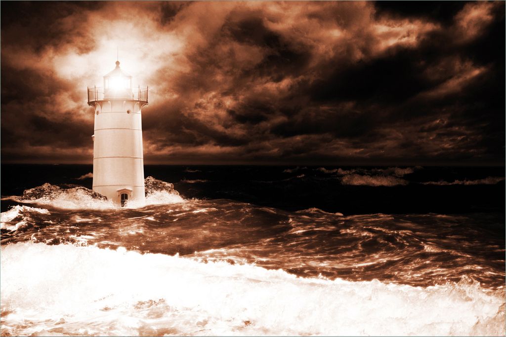 Wallario selbstklebendes Poster - Abstrakter Leuchtturm im Wasser bei stürmischer See, Größe: 61 x 91,50 cm