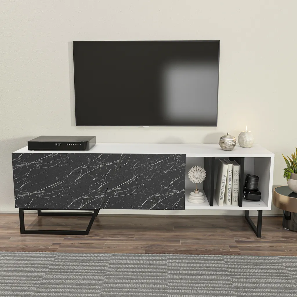 Grand Meuble TV Moderne Effet Marbre et Pieds en Métal Noir pour Séjour