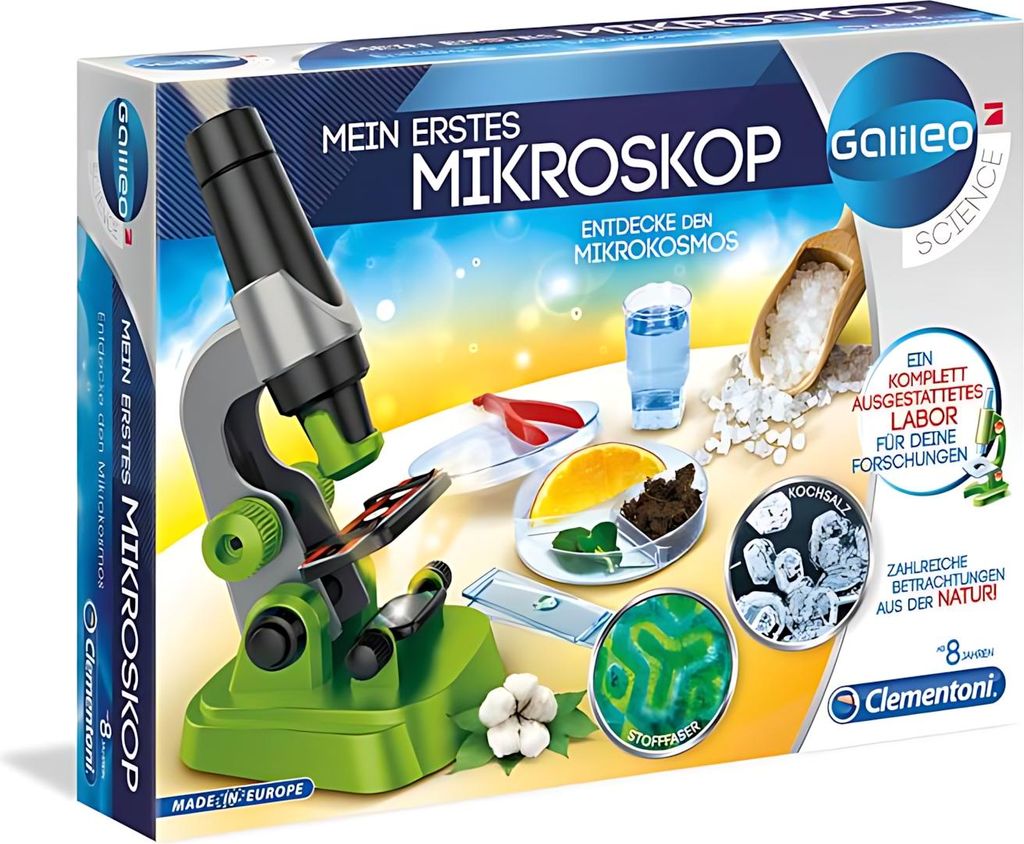 The image shows the packaging of a children's microscope kit, with the microscope and various accessories displayed on a colorful background.