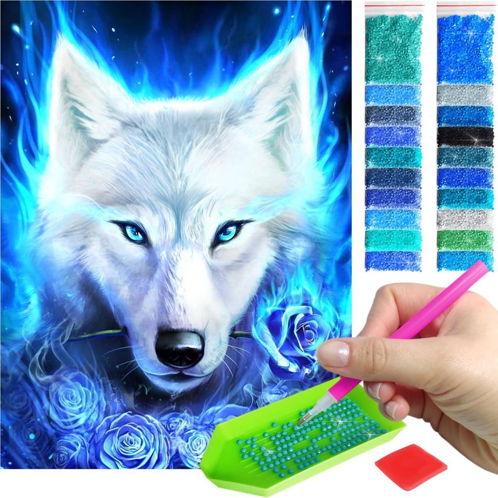 ARTULIO - Diamond Painting Set - Weißer Wolf mit blauen Flammen - 40 x 30 cm - 5D Diamant Painting, Komplettset Mosaik + Zubehör
