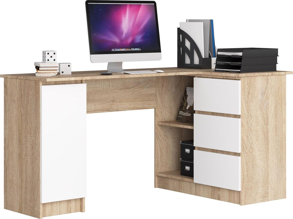 Bureau d'angle B20 CLP Droit Sonoma/Blanc avec 3 tiroirs et Image du produit 