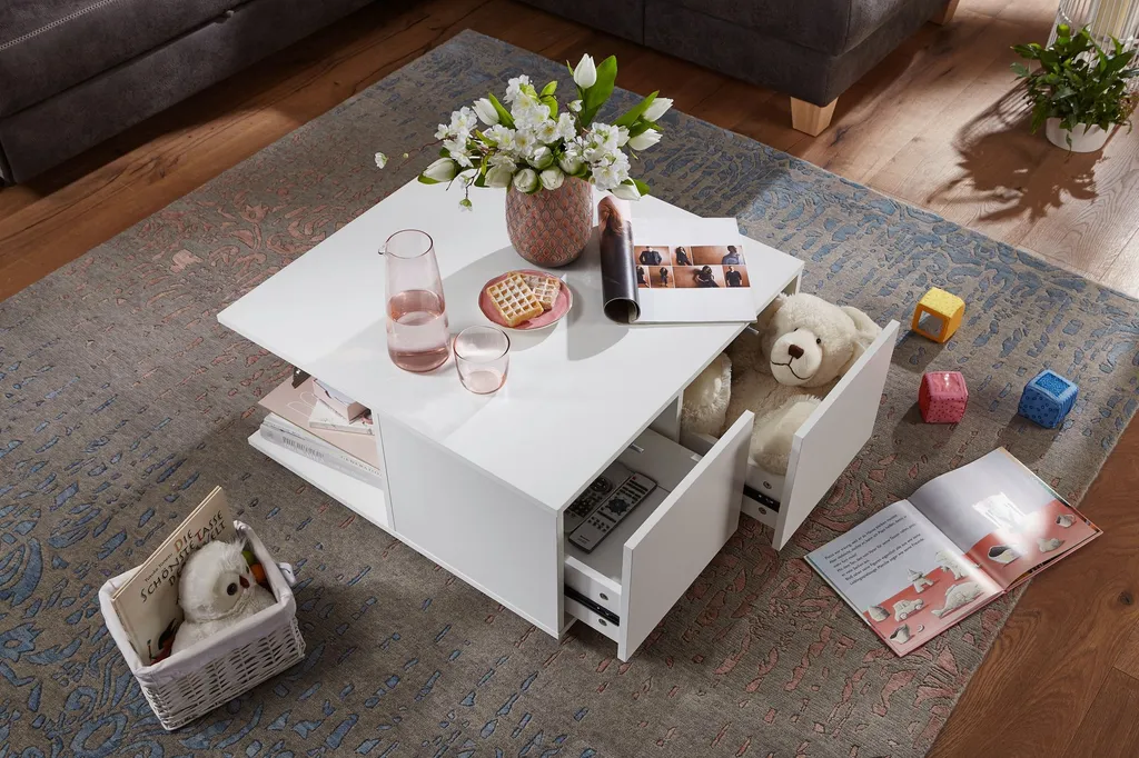 Table Basse à Roulettes Blanche 70 cm avec Double Tiroir et Compartiments