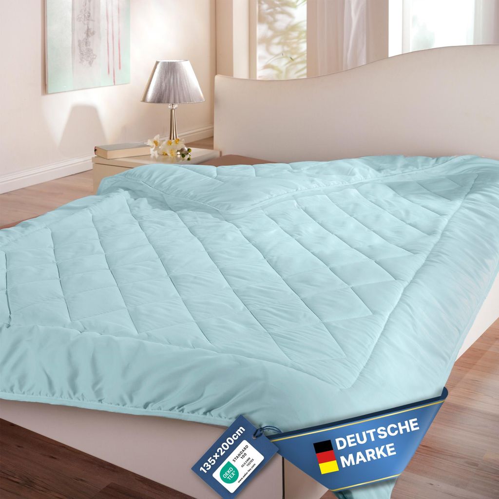 Bettdecke waschbar ohne Bezug nutzbar ( Hellblau ) 135 x 200 cm leichte Sommerdecke waschbar bei 60°C, Leicht, Atmungsaktiv Ideal für Reisen, Urlaub