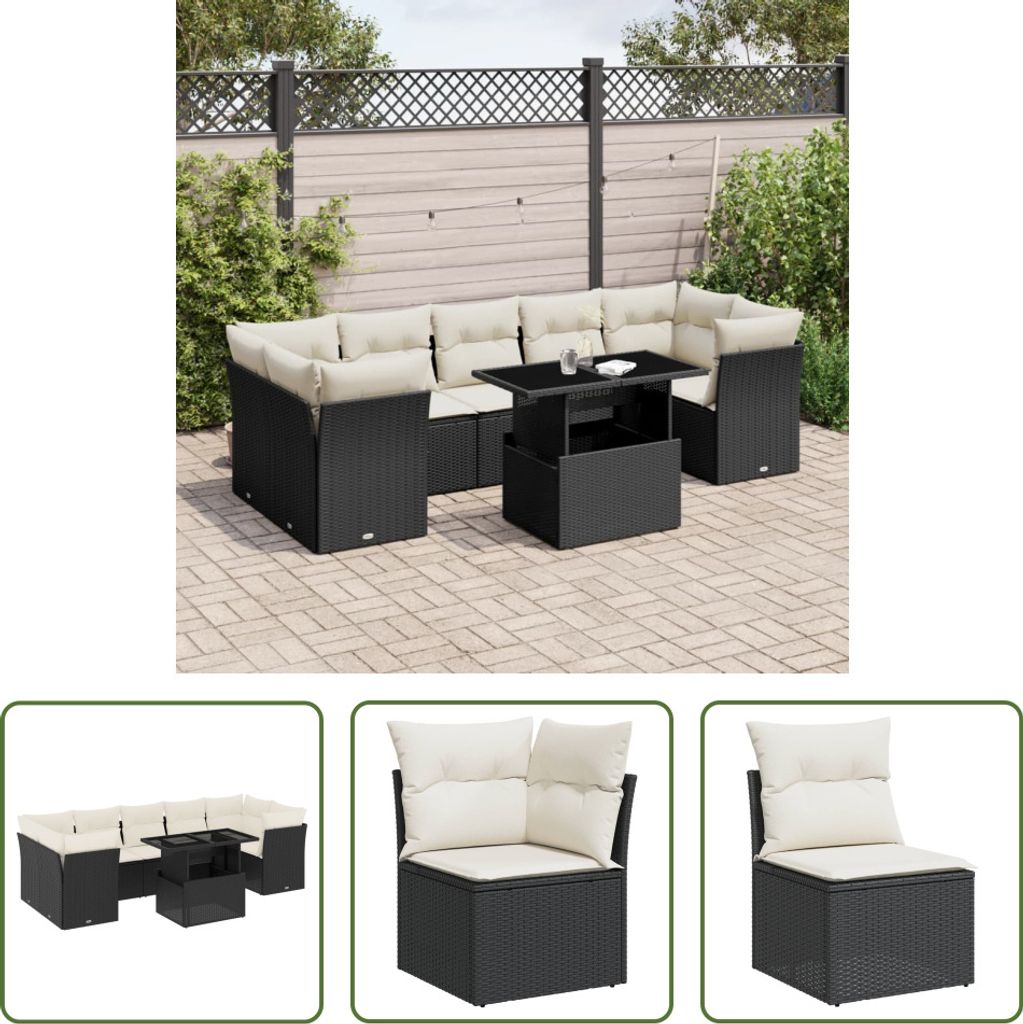 The Living Store 8-tlg. Garten-Sofagarnitur mit Kissen Schwarz Poly Rattan