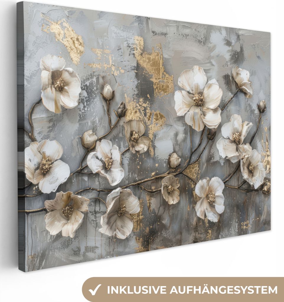 MuchoWow - Leinwandbilder - Blumen - Weiß - Grau - Gold - Luxus, Wandbild, Wanddeko Bilder Wohnzimmer, 40x30 cm