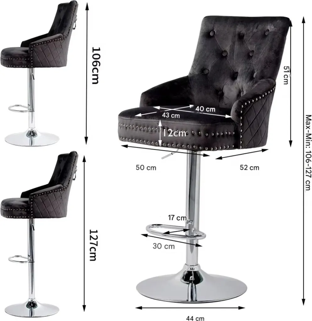 Tabouret de Bar pour Cuisine et Salon en Velours Noir Réglable - x2 - 3