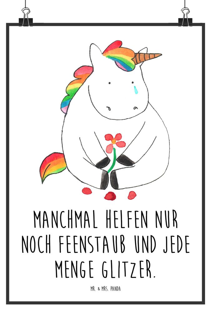 Mr. & Mrs. Panda Bild Einhorn Traurig DIN A3 - Weiß - Geschenk, Wandbild, Deko, drucke, Blume, Liebe, Plakat, Freunde, Einhörner, wanddeko, Traue...