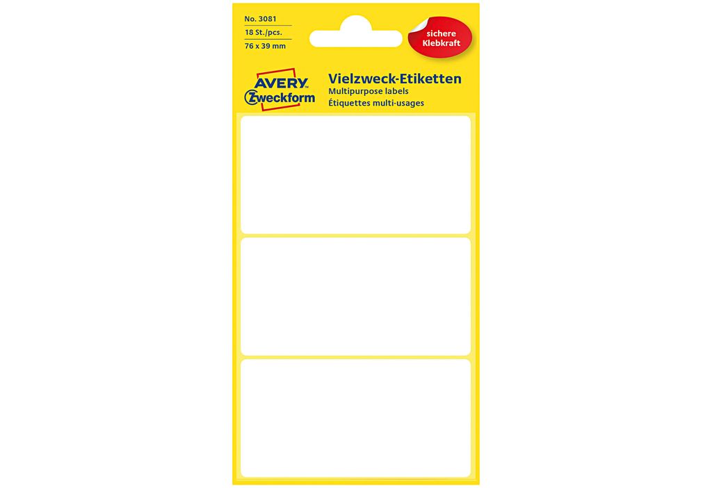 Avery 3081, Biela, Zaoblený obdĺžnik, 76 x 39 mm, Obrázok produktu 