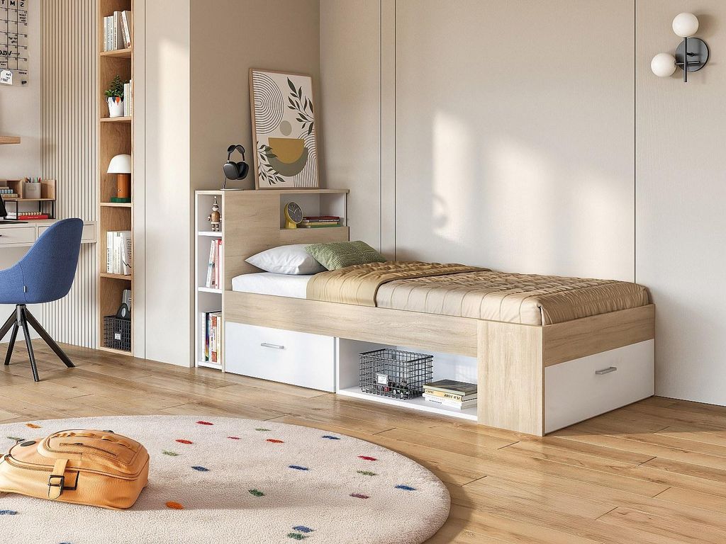 LEANDRE Bett mit Kopfteil, mit Kommode und Schublade - 90 × 190 cm - weiß und naturfarben